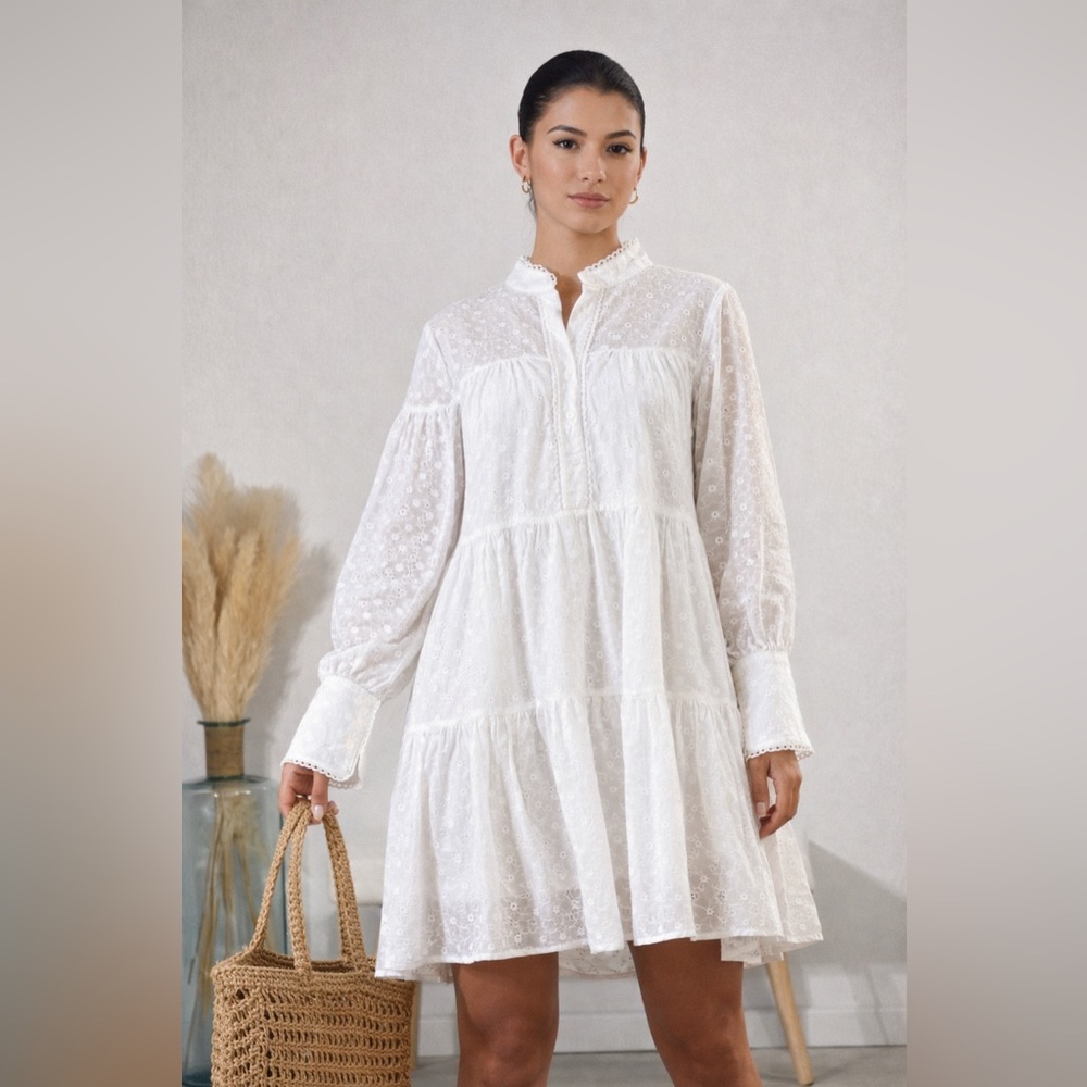 Gorgeous ASA White Eyelet Embroidered Cotton Midi Dress Boho Prairie Size S